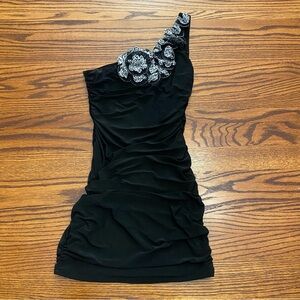 Deb Black Scrunched Short One Shoulder Juniors Dress Floral Accents Medium‎